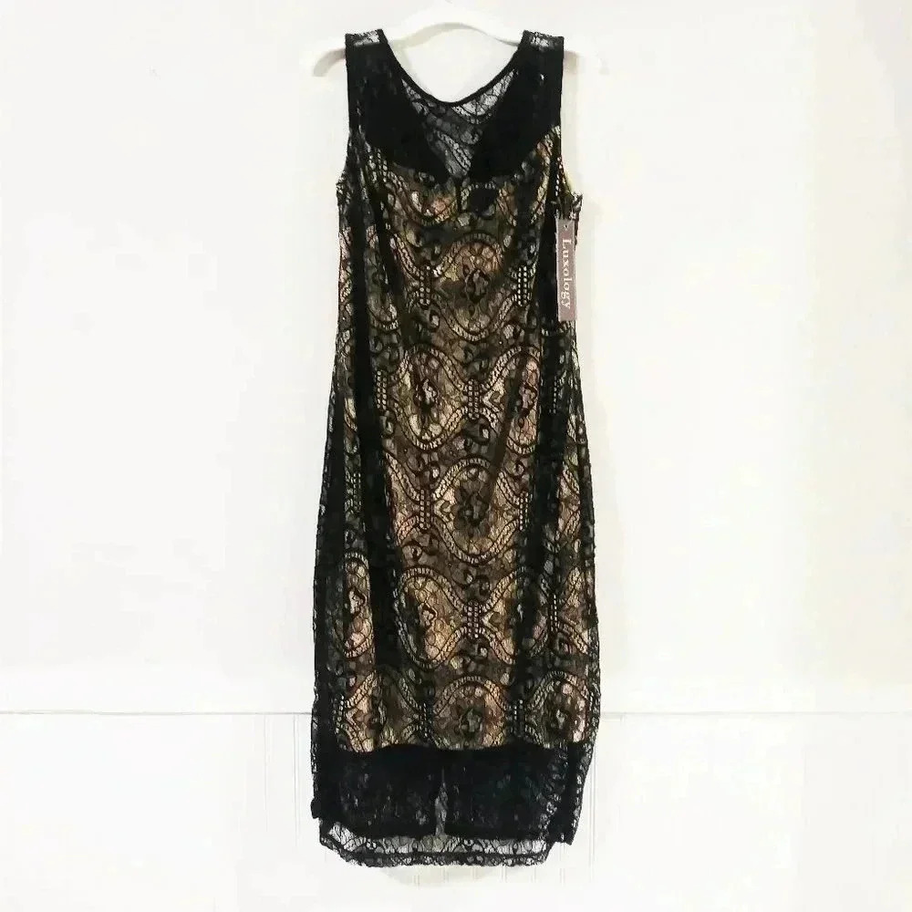 Luxology Black Floral Lace Sheath Dress Tan Lining Sleeveless 460529K4M Size 10
